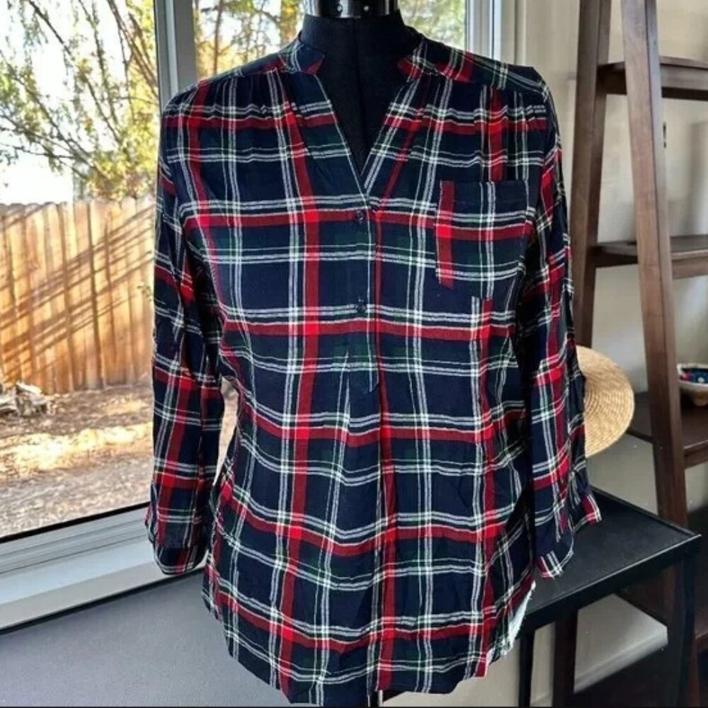 Market & Spruce Women’s Large Plaid Rayon Tunic Top Navy Red Long Sleeve